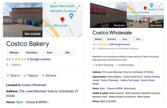 perfil nido de Google My Business panaderia Costco